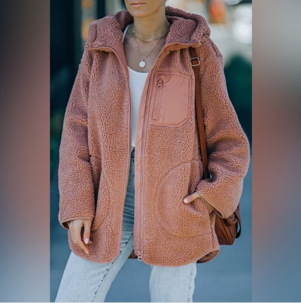 H&M Pink Sherpa Teddy Fleece Fax Fur Hooded Jacket Hoodie Size XS